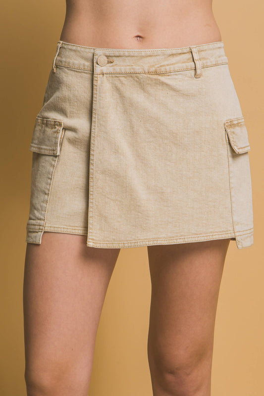 Denim Wrap Cargo Mini Skort w/ Pockets
