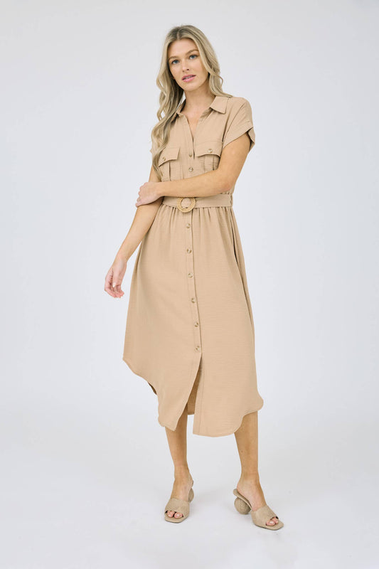 collard button down belted midi dress