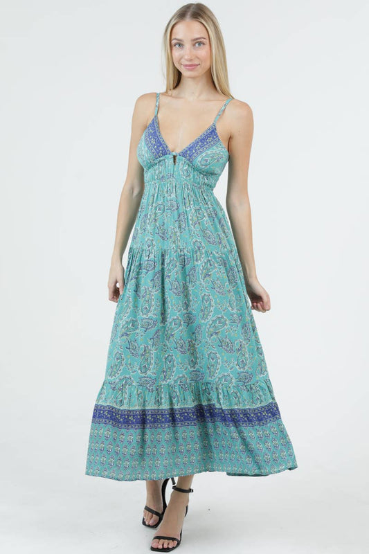 V NECK OPEN TIE BACK PRINTED MAXI DRESS