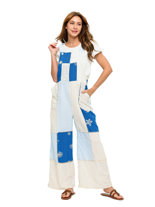 Blue Patchwork Boho Broderie Applique Overall