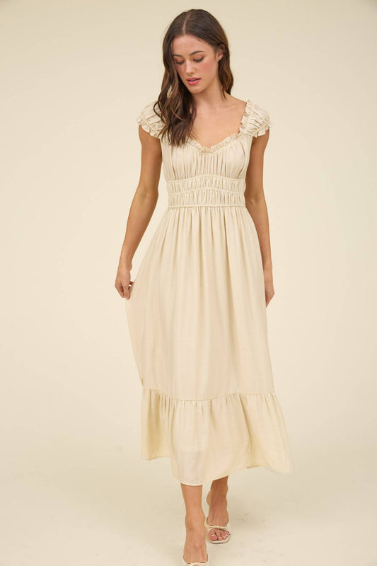 Shirred Waist Short Sleeve Midi Dress