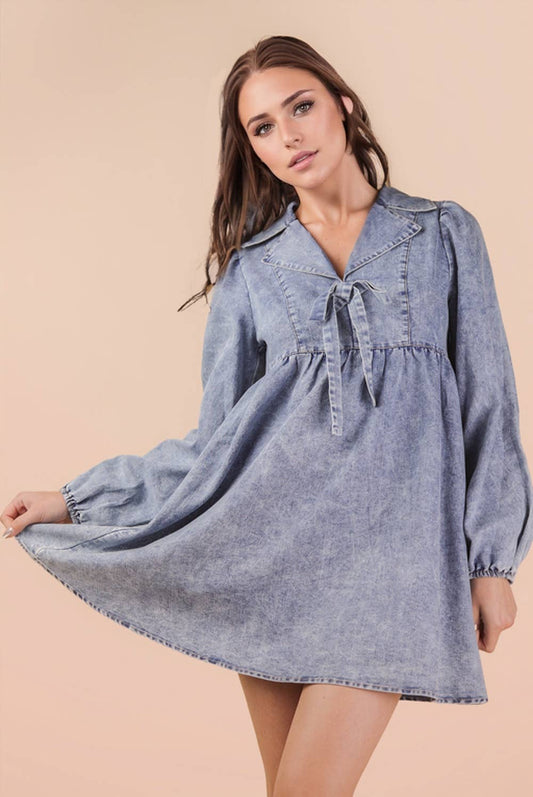 Washed Chambray Collared Mini Dress