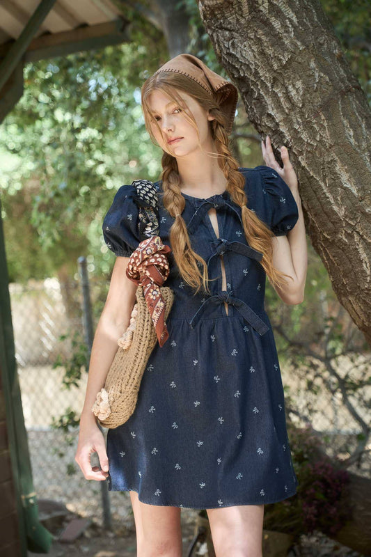 BOW DENIM PATTERN PUFF SLEEVE FRONT TIE MINI DRESS