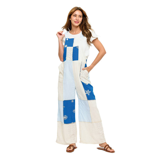 Blue Patchwork Boho Broderie Applique Overall
