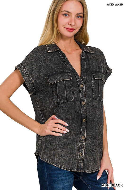 Washed Button Down Batwing Sleeve Shirts