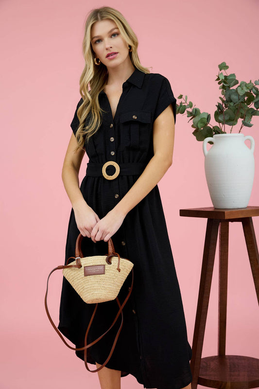 collard button down belted midi dress