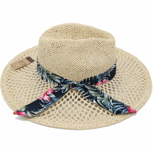 CC Tropical Floral Print Band Trim Panama Hat