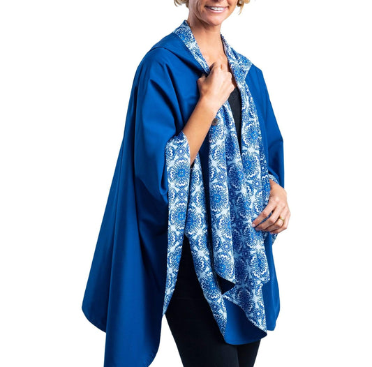 Blue Rainproof Hooded Rain Cape – Lightweight Women's Rain Wrap