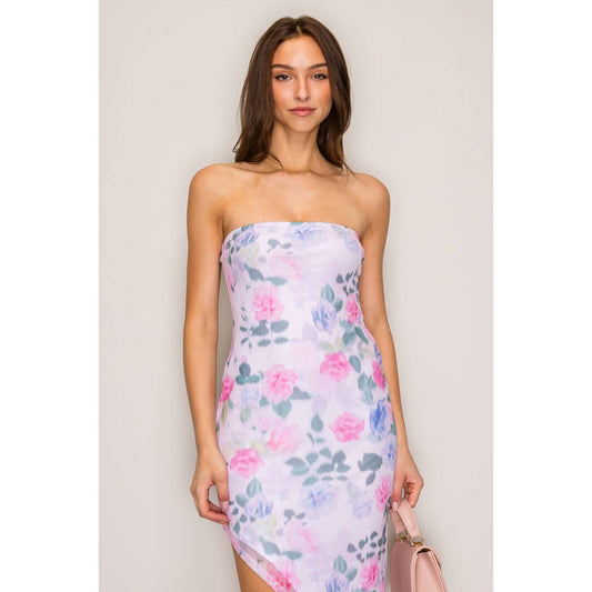 Asymmetric Printed Mesh Tube Midi Dress