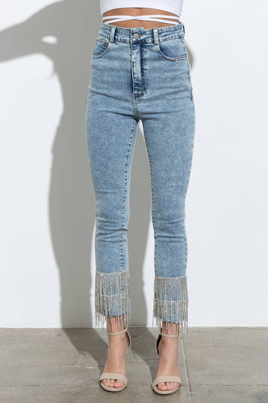 Washed Stretch Fitted Rhinestone Fringe Crop Jeans