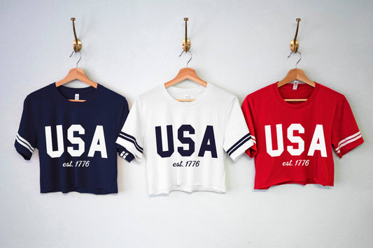 USA Est. 1776 Striped Sleeves Crop Top or Shirt