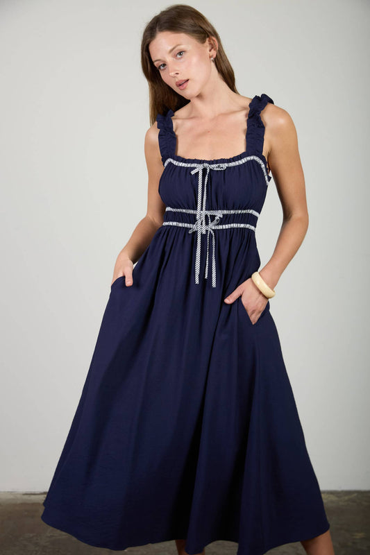 SHIRRED STRIPE FRONT TIE SLEEVELESS MIDI DRESS